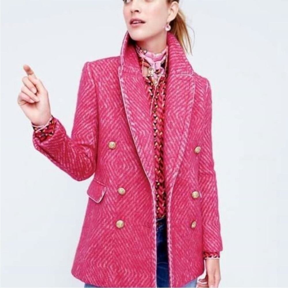 J. Crew Pink Diamond Tweed Coat Jacket blazer Gold Button herringbone Size 0‎